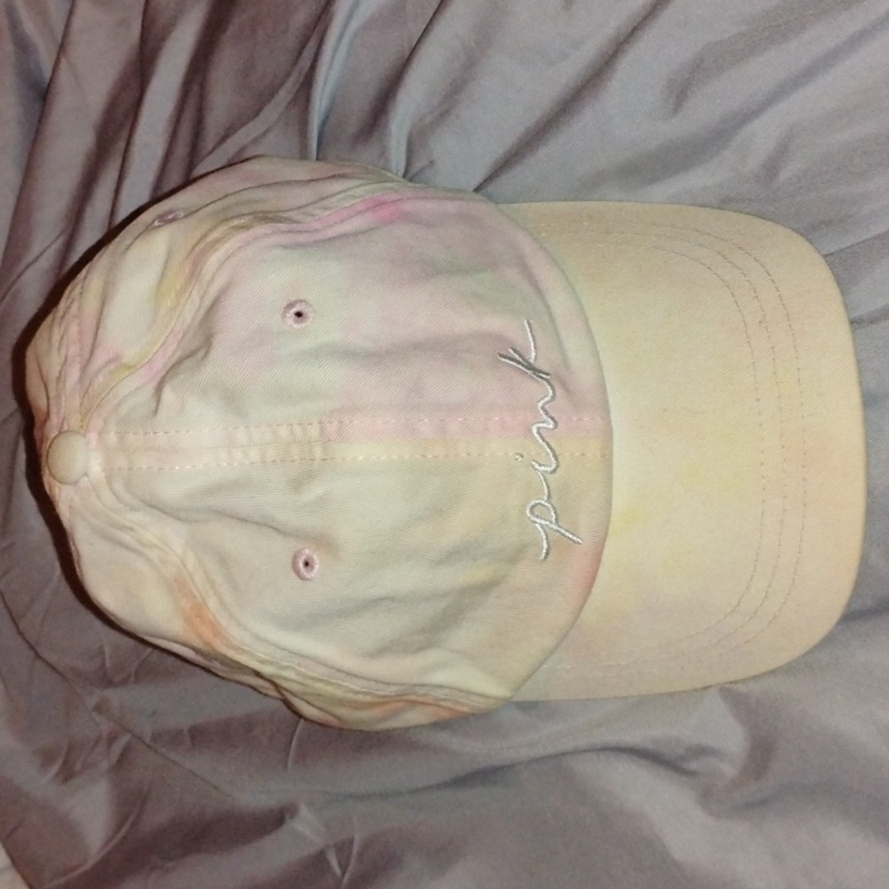 VS PINK Pink & Yellow Tie Dye Adjustable Baseball Cap w White Logo on Front